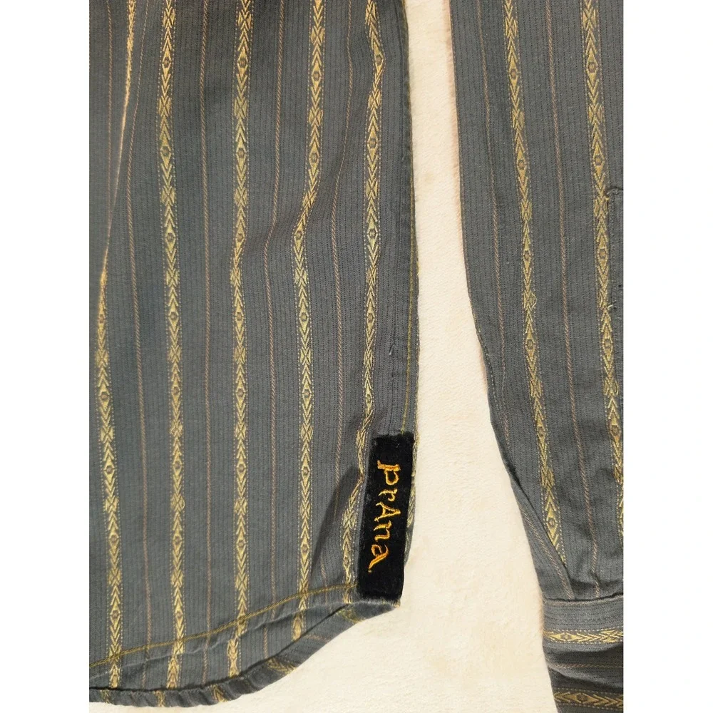 prAna Button Up‎ Shirt Men's Large Gray Gold Striped Organic Cotton Long Sleeve